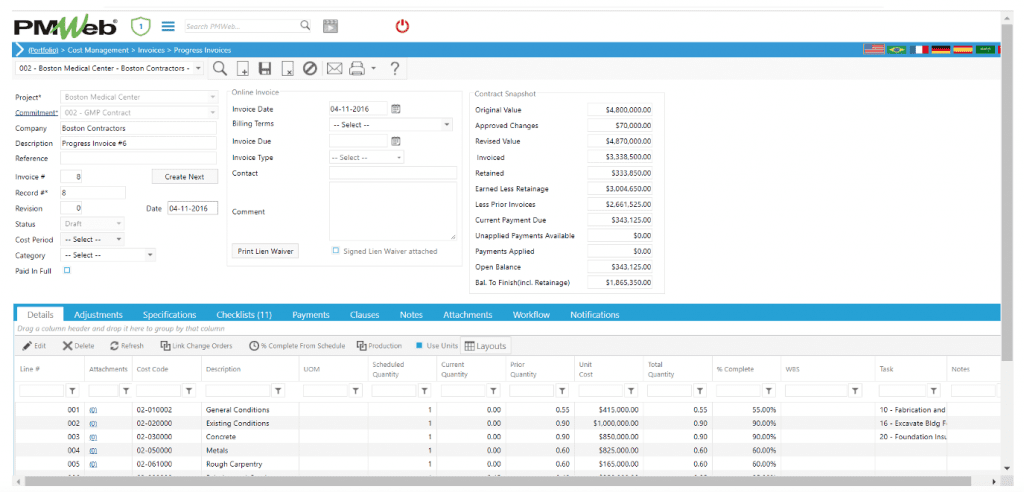 PMWeb 7 Cost Managment Invoice Progress Invoices