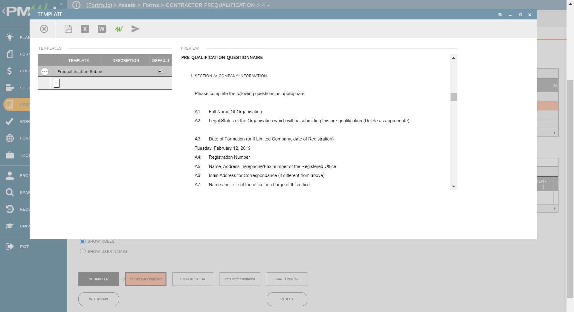 PMWEB 7 Assets Form Contractor Pre-qualification for a Prequalification document