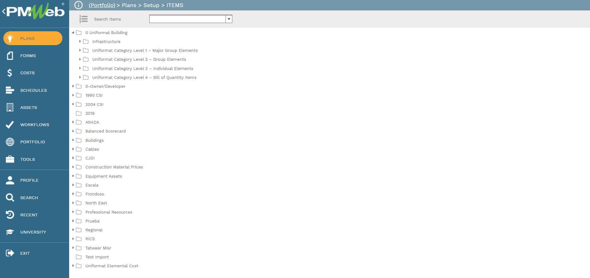 PMWeb 7 Plans Setup Items for creating the cost estimate database