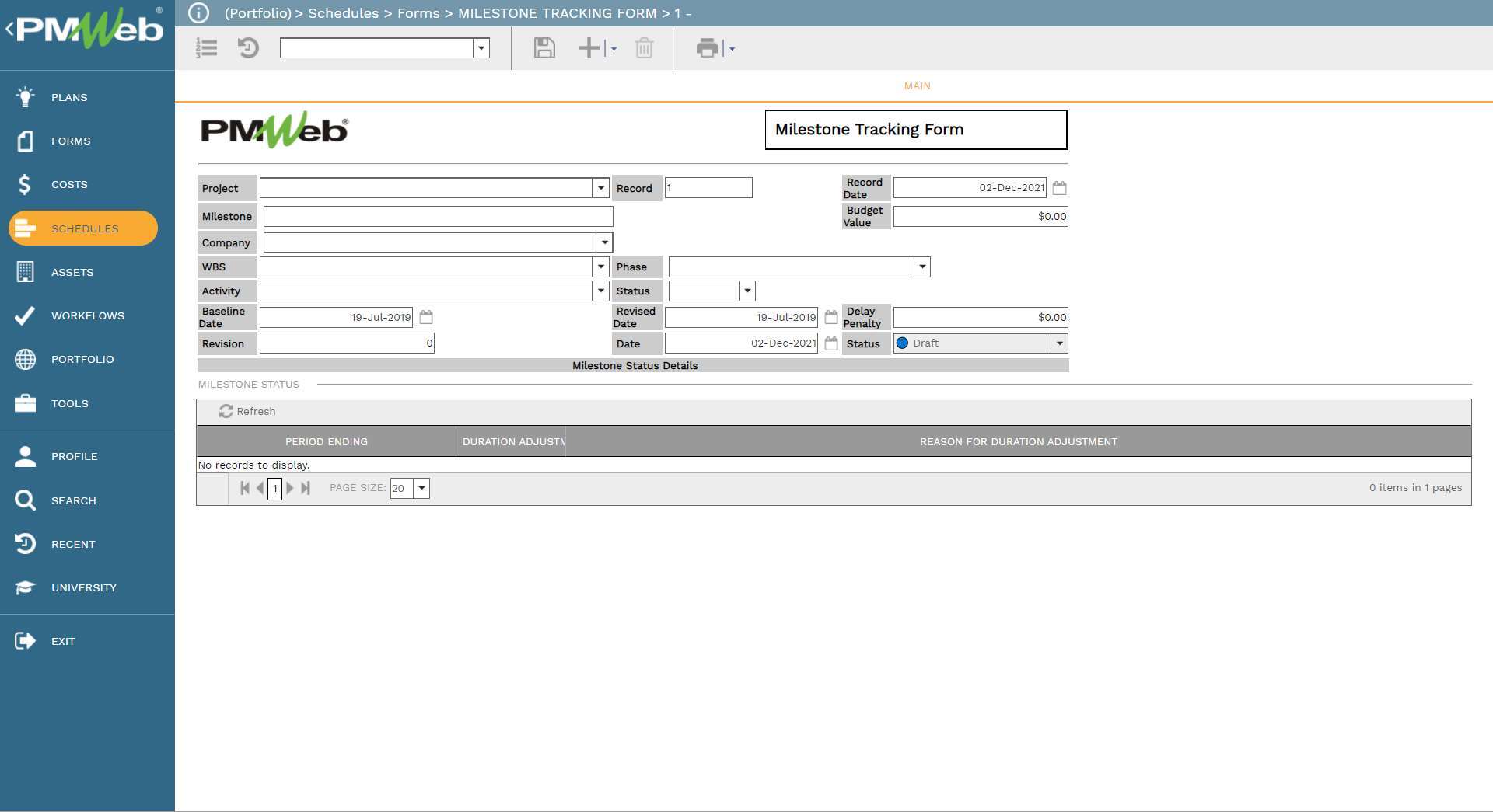 PMWeb 7 Schedules Forms Milestones Tracking Form
Main
