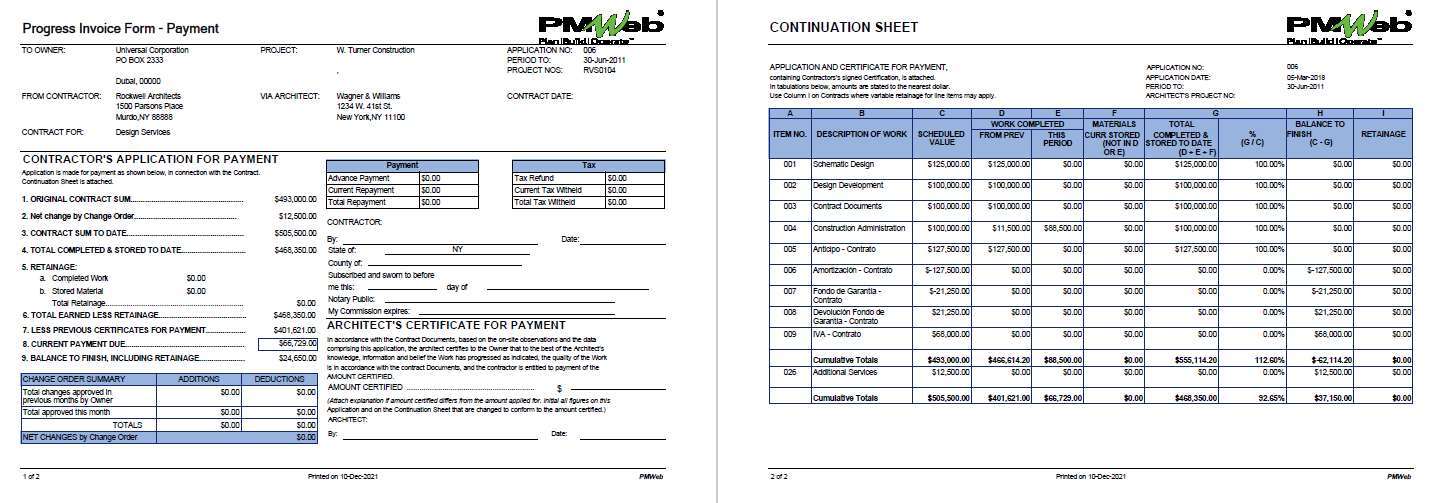 PMWeb 7 Progress Invoice From Payment
Continuation Sheet 
