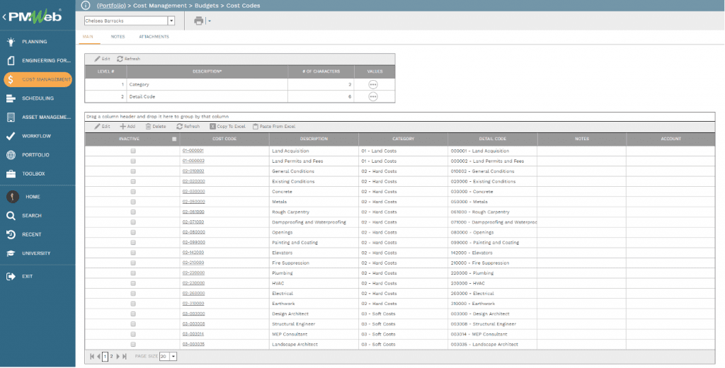 PMWeb 7 Cost Managment Budgets Cost Codes