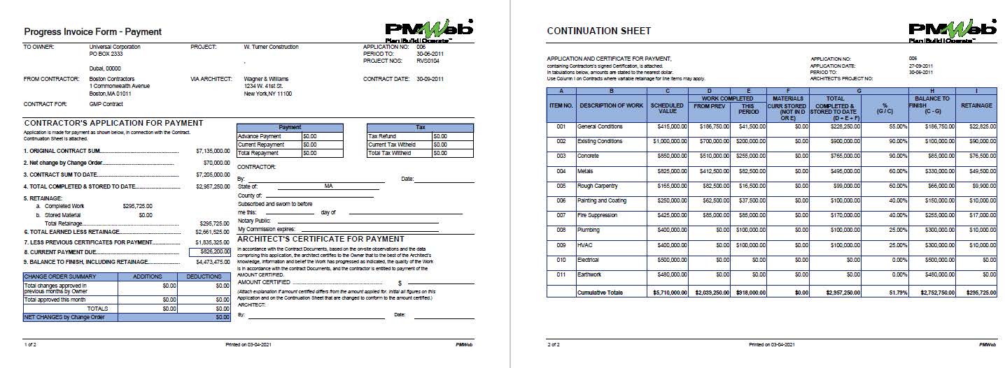 PMWeb 7 Progress Invoice Form Payment 
Continuation Sheet 