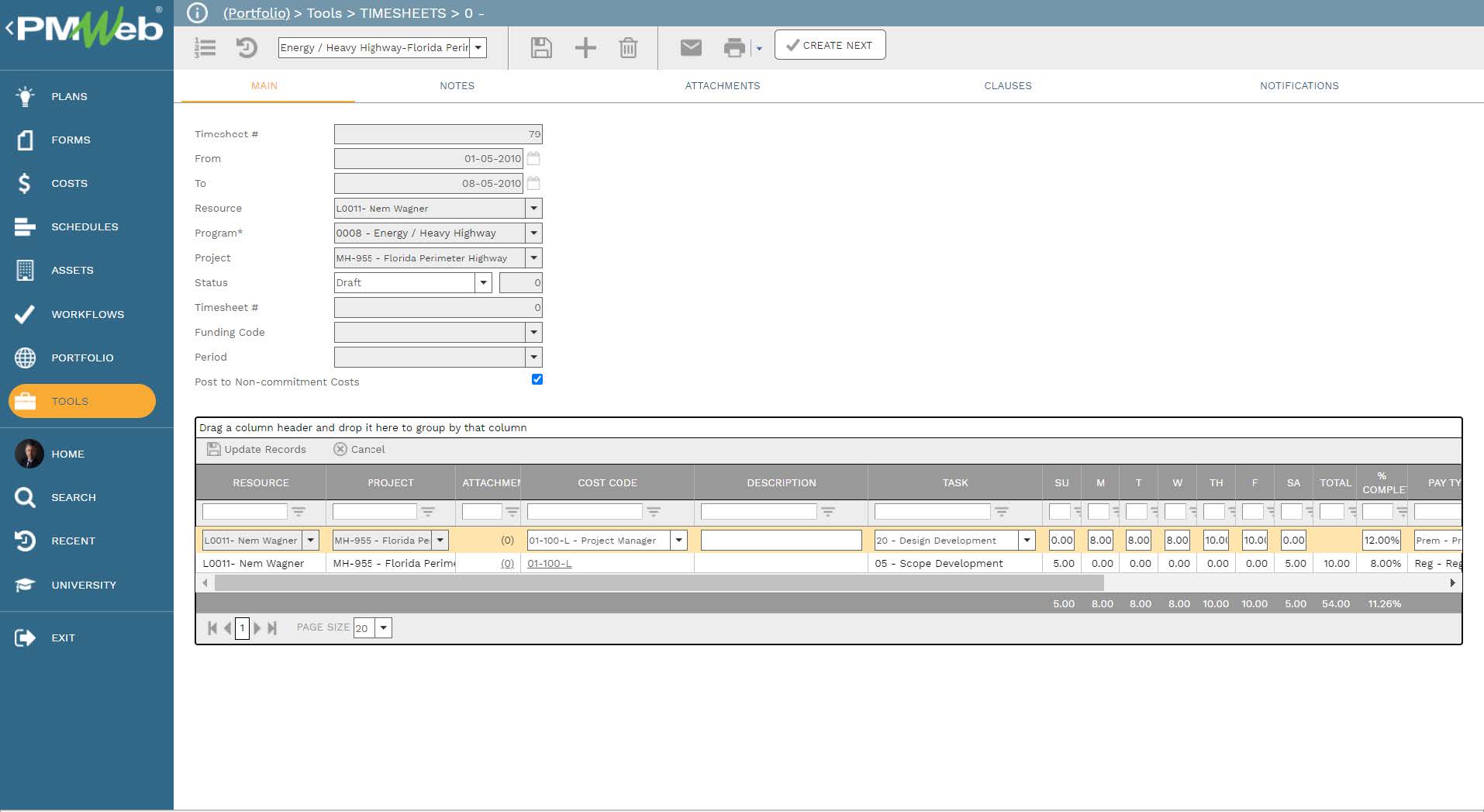PMWeb 7 Tools Timesheet 