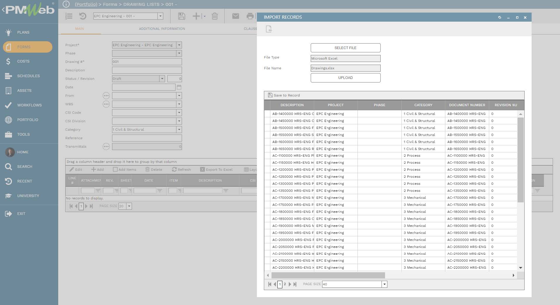 PMWeb 7 Forms Drawings Lists Main Import Records 