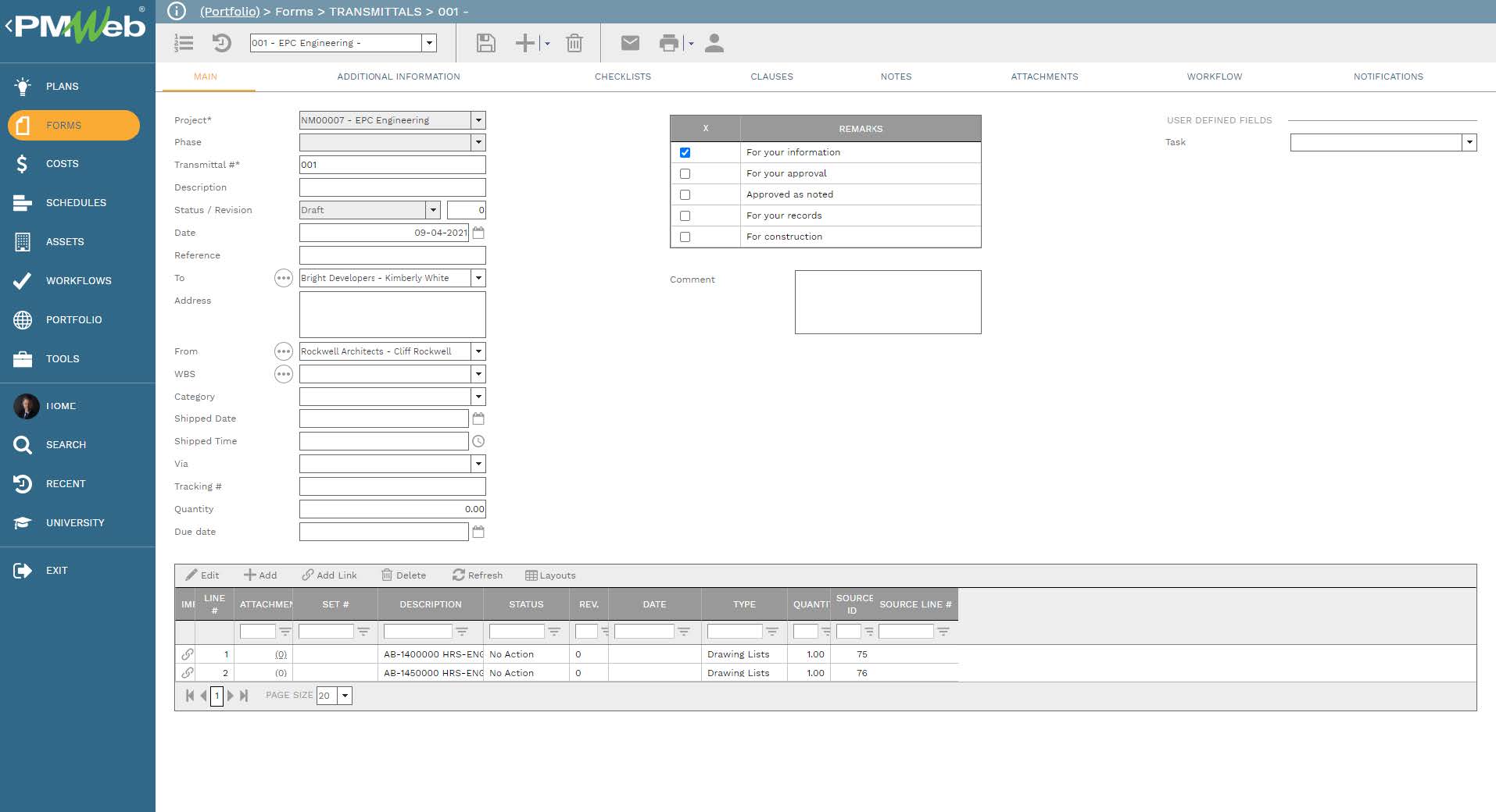 PMWeb 7 Forms Transmittals Main 