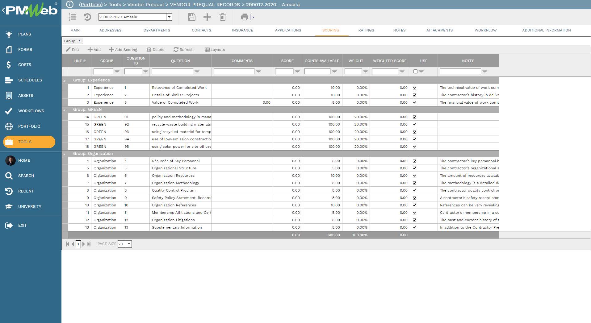 PMWeb 7 Tools Vendor Prequal Vendor Prequal Records Scoring 
