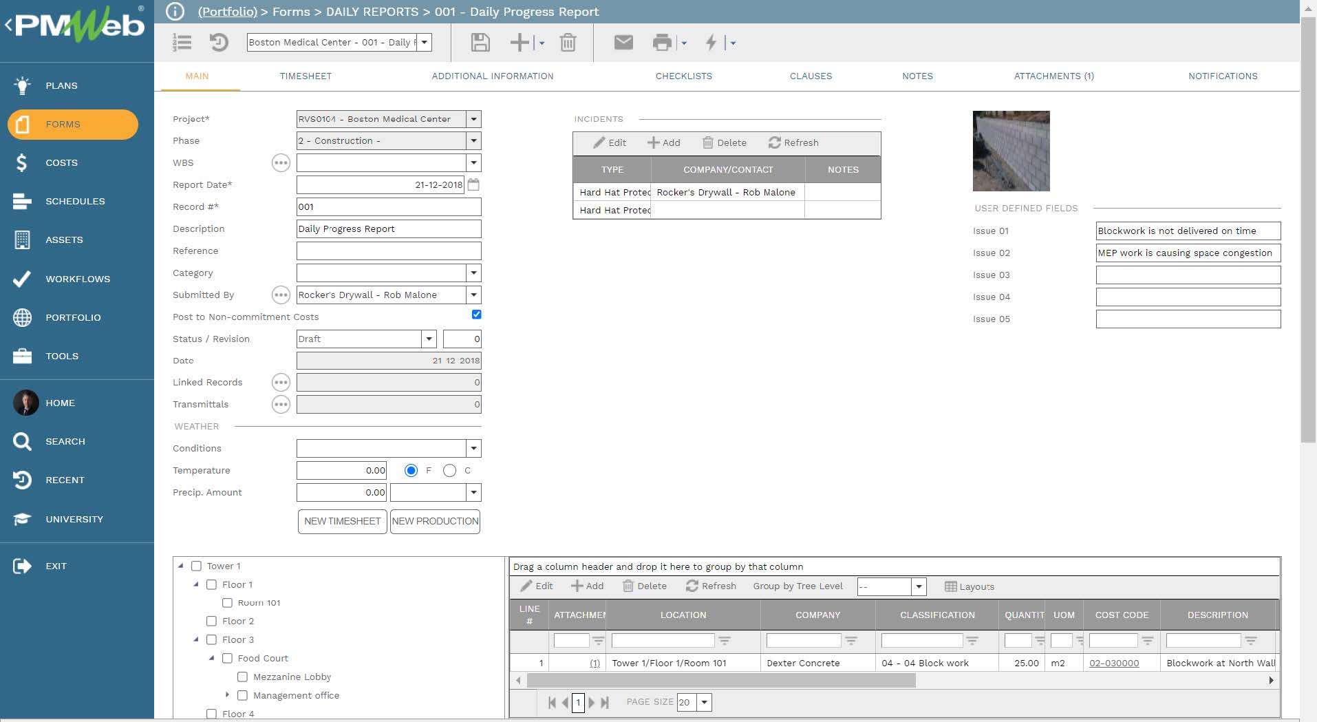 PMWeb 7 Forms Daily Reports Daily Progress Report Main 