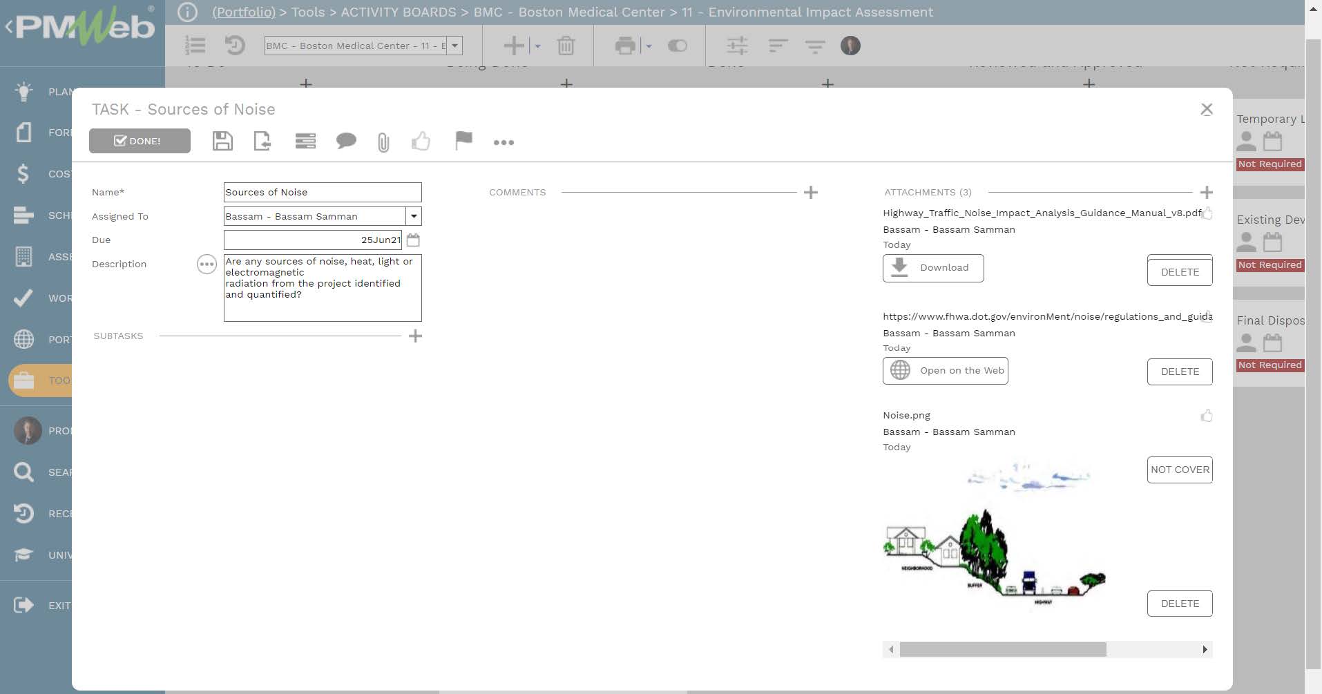PMWeb 7 Tools Activity Boards BMC Boston Medical Center Environmental Impact Assessment Task Source of Noise 