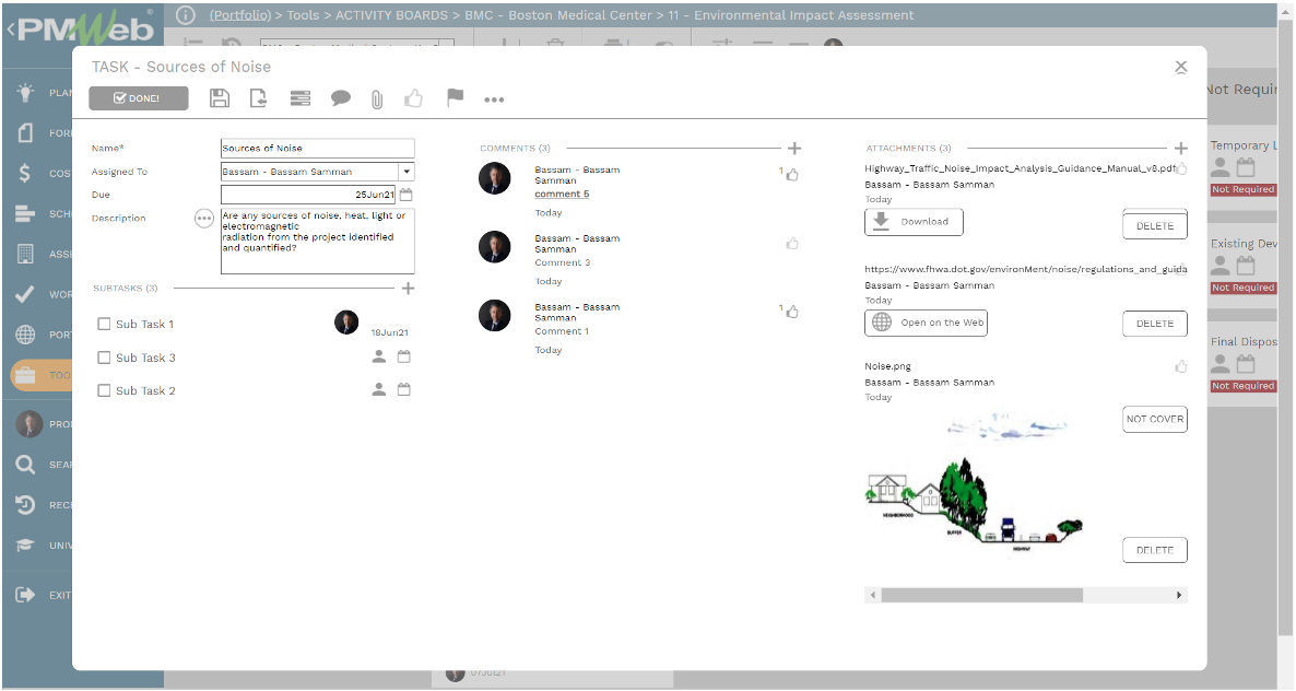 PMWeb 7 Tools Activity Boards BMC Boston Medical Center Environmental Impact Assessment Task Source of Noise 