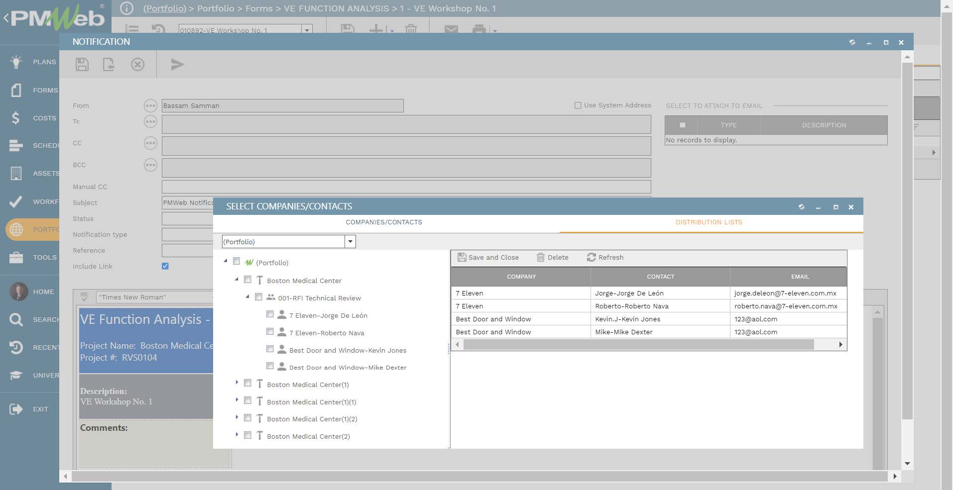 PMWeb 7 Portfolio Forms VE Function Analysis VE  Workshop Notification Select Companies/Contacts