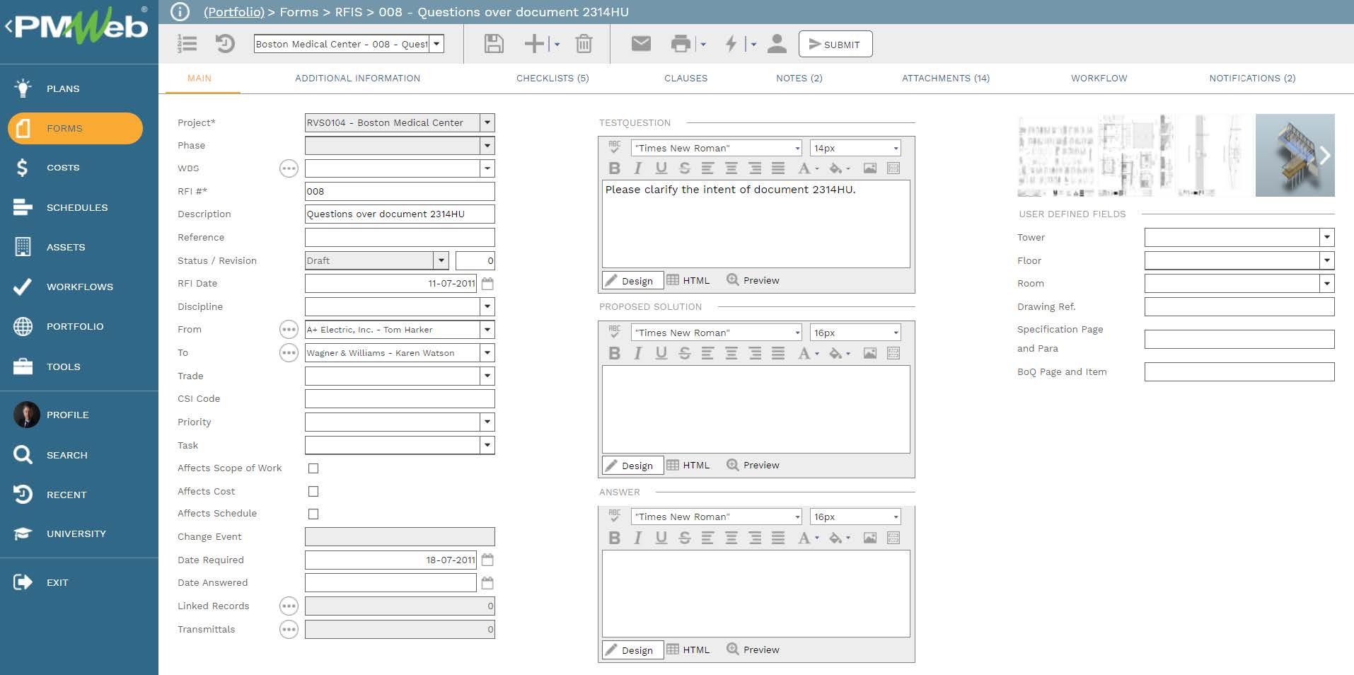 PMWeb 7 Forms RFIS Questions Over Document 
Main
