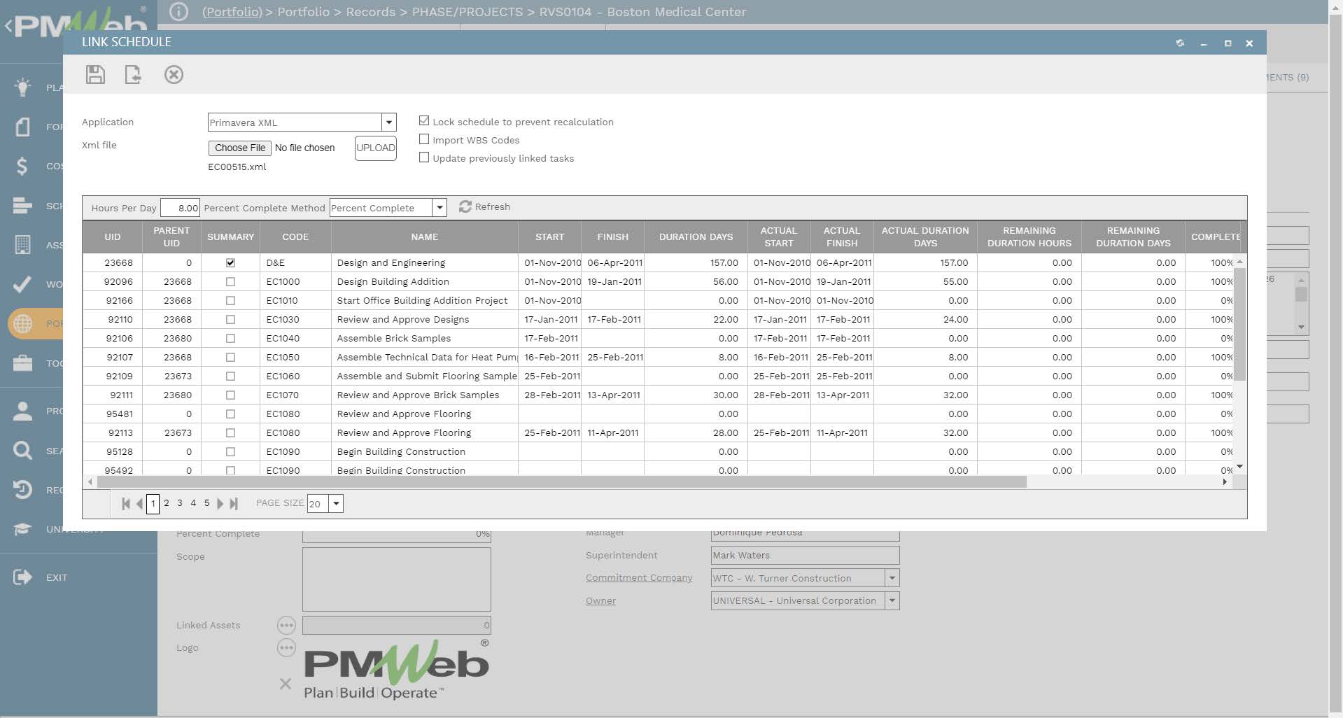 PMWeb 7 Portfolio Records Phase/Projects Boston Medical Center
Link Schedule